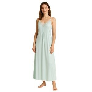 Vintage St. Michael Aqua Satin Slip Maxi Dress Lace Beading Women Sz S Nightgown